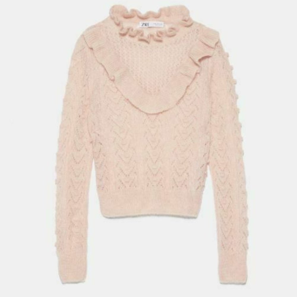 Zara Womens Pink Sweater Ruffle Trim Pointelle - Picture 7 of 7